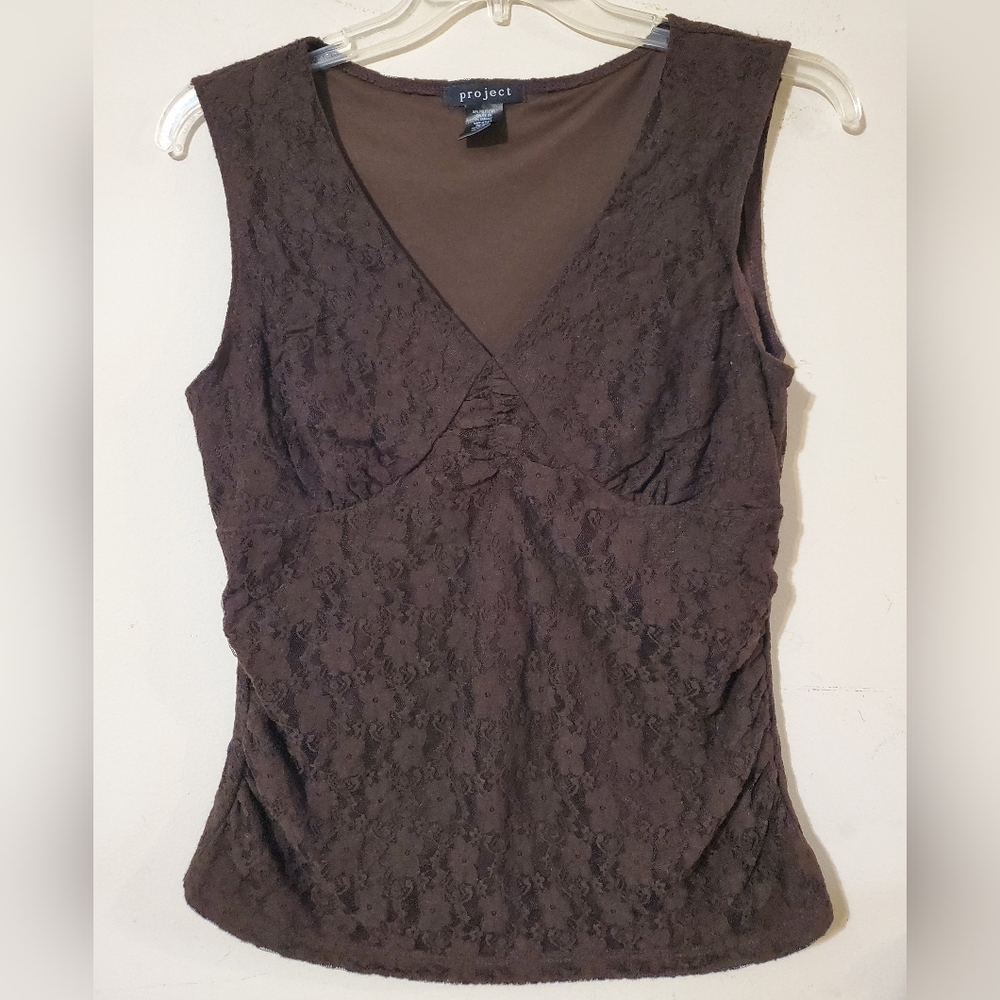 Y2k Project Brown Lace V-Neck Camisole Ruched Sides Lined Whimsigoth Babydoll L